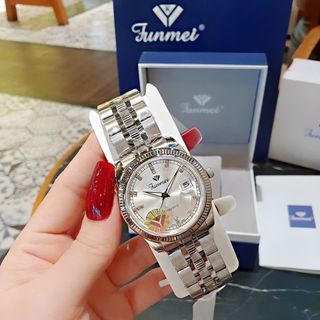 ĐỒNG HỒ NAM NỮ CHÍNH HÃNG FUNMEI F2036 DÂY THÉP BẠC DEMI MẶT TRÒN SAPHIRE FULLBOX TEM