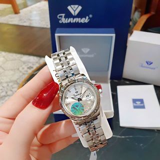ĐỒNG HỒ NAM NỮ CHÍNH HÃNG FUNMEI F2036 DÂY THÉP BẠC DEMI MẶT TRÒN SAPHIRE FULLBOX TEM