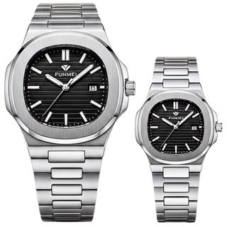 ĐỒNG HỒ CHÍNH HÃNG FUNMEI COUPLE F8020 DÂY THÉP BẠC MAT VUÔNG FULLBOX TEM