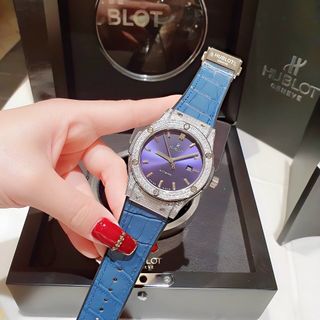 ĐỒNG HỒ COUPLE CAO CẤP HULOT HAI  VIỀN HỘT DÂY DA MÁY CƠ