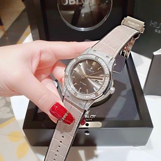 ĐỒNG HỒ COUPLE CAO CẤP HULOT HAI  VIỀN HỘT DÂY DA MÁY CƠ