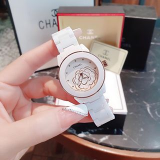 ĐỒNG HỒ NỮ CAO CẤP CHANEU ĐÁ CERAMIC TRẮNG MẶT HOA HỒNG NỔI
