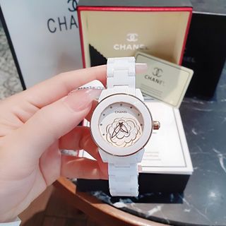 ĐỒNG HỒ NỮ CAO CẤP CHANEU ĐÁ CERAMIC TRẮNG MẶT HOA HỒNG NỔI