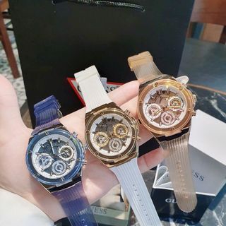 ĐỒNG HỒ NỮ CAO CẤP GUECC ECO DÂY CAO SU NIỀNG NHỰA TRONG SUỐT MẶT CHONOGRAP