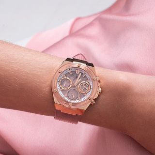 ĐỒNG HỒ NỮ CAO CẤP GUECC ECO DÂY CAO SU NIỀNG NHỰA TRONG SUỐT MẶT CHONOGRAP