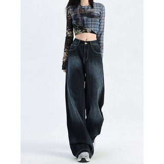 Quần jeans Nữ ống đứng cạp cao ống rộng màu xanh đậm cá tính, kiểu dáng retro mới 2025, quần bò nữ