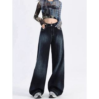 Quần jeans Nữ ống đứng cạp cao ống rộng màu xanh đậm cá tính, kiểu dáng retro mới 2025, quần bò nữ