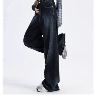 Quần jeans Nữ ống đứng cạp cao ống rộng màu xanh đậm cá tính, kiểu dáng retro mới 2025, quần bò nữ