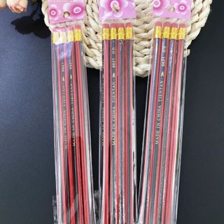 Sét 4 cây bút chì sọc dọc màu đỏ và đen bằng gỗ, văn phòng phẩm dành cho học sinh A1138