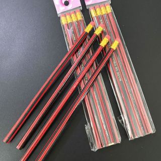 Sét 4 cây bút chì sọc dọc màu đỏ và đen bằng gỗ, văn phòng phẩm dành cho học sinh A1138