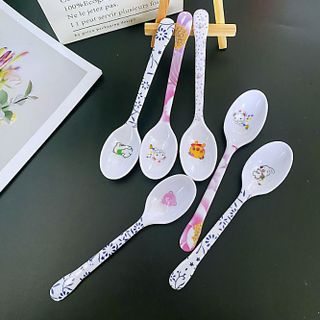 Thìa trắng cán dài in hình hoạt hình hình bầu dục, Thìa nhỏ in hình trẻ em, Thìa ăn trẻ em A1345