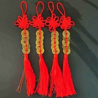 Mặt dây chuyền năm đồng xu thắt nút Trung Quốc thu hút tài lộc, Đồng Xu Phong Thủy A1634