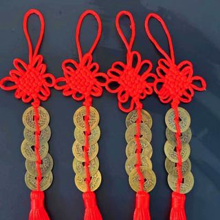 Mặt dây chuyền năm đồng xu thắt nút Trung Quốc thu hút tài lộc, Đồng Xu Phong Thủy A1634