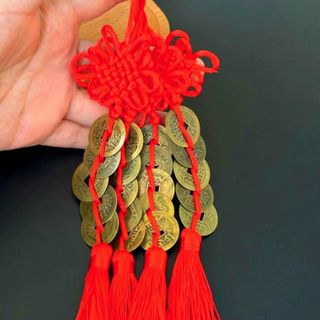 Mặt dây chuyền năm đồng xu thắt nút Trung Quốc thu hút tài lộc, Đồng Xu Phong Thủy A1634