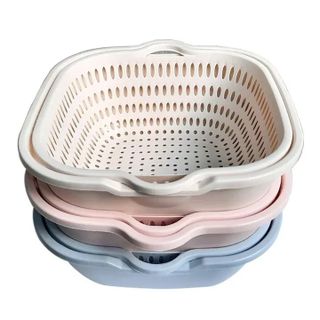 Bộ Rổ Kèm Chậu 2 Lớp Nhựa Vuông Việt Nhật Rửa Rau Củ Trái Cây Cứng Cáp Siêu Bền (3288-3289-3290) A2711