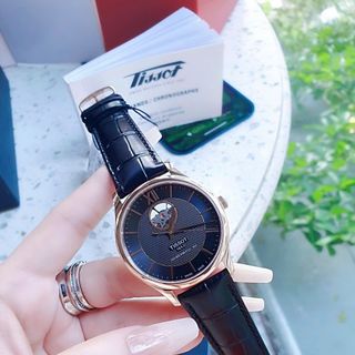 ĐỒNG HỒ NAM SIÊU CẤP TIXOT DÂY DA MÁY CƠ MẶT ĐEN VIỀN ĐỒNG SAPHIRE FULLBOX