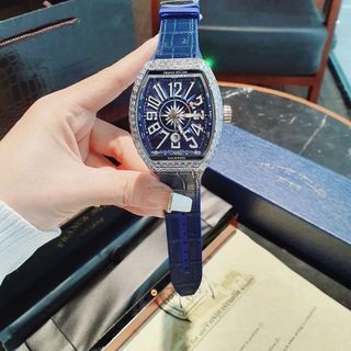 ĐỒNG HỒ NAM SIÊU CẤP PRANCK MULER MÁY CƠ DÂY CS BỌC DA MẶT XANH VIỀN XOÀN TRẮNG