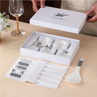 Hộp 5 Muỗng Sứ Ăn Cơm, Thìa Ăn Súp Hoạ Tiết Màu Trắng Đen phong Cách Hiện Đại A4443