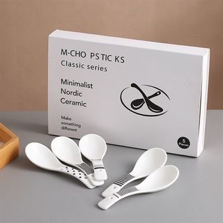 Hộp 5 Muỗng Sứ Ăn Cơm, Thìa Ăn Súp Hoạ Tiết Màu Trắng Đen phong Cách Hiện Đại A4443