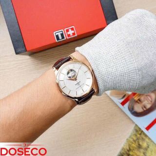 ĐỒNG HỒ NAM SIÊU CẤP TIXOT DÂY DA MÁY CƠ MẶT TRẮNG VIỀN ĐỒNG SAPHIRE FULLBOX