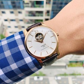 ĐỒNG HỒ NAM SIÊU CẤP TIXOT DÂY DA MÁY CƠ MẶT TRẮNG VIỀN ĐỒNG SAPHIRE FULLBOX