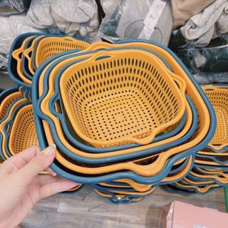 Combo Rổ 6 Món, Rổ Nhựa Chậu Ráo Nước Hai Lớp Đựng Rau, Hoa Quả ( Rổ Vàng- Chậu Xanh) A4621