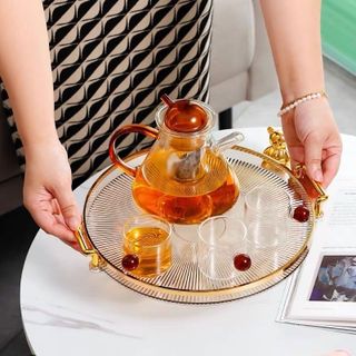 Khay Mâm Úp Ly Đựng Hoa Quả Hình Tròn Có Tay Cầm Viền Vàng chất liệu Acrylic cao cấp A3123