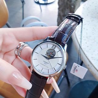 ĐỒNG HỒ NAM SIÊU CẤP TIXOT DÂY DA MÁY CƠ MẶT TRẮNG VIỀN BẠC SAPHIRE FULLBOX