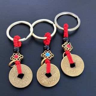 Móc khóa 5 đồng xu móc khóa Dây thừng thắt nút đỏ hình ngũ hoàng đế A4832