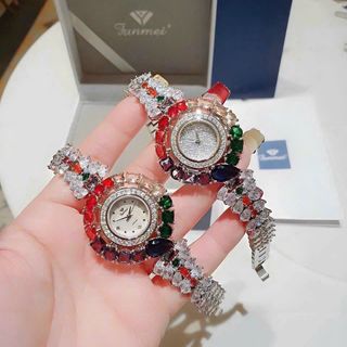 ĐỒNG HỒ NỮ CHÍNH HÃNG FUNMEI F2073 DÂY BẠC VIÊN CHỦ AMETHYST  FULLBOX