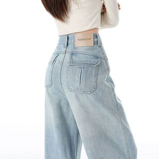 Quần jeans Nữ ống rộng màu sáng phong cách Mỹ, kiểu dáng cạp cao rộng rãi, chất liệu jeans cotton cao cấp