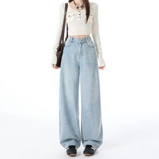 Quần jeans Nữ ống rộng màu sáng phong cách Mỹ, kiểu dáng cạp cao rộng rãi, chất liệu jeans cotton cao cấp