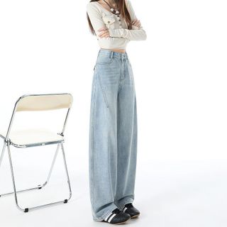 Quần jeans Nữ ống rộng màu sáng phong cách Mỹ, kiểu dáng cạp cao rộng rãi, chất liệu jeans cotton cao cấp