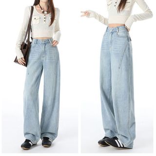 Quần jeans Nữ ống rộng màu sáng phong cách Mỹ, kiểu dáng cạp cao rộng rãi, chất liệu jeans cotton cao cấp