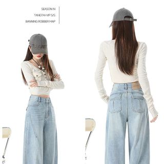 Quần jeans Nữ ống rộng màu sáng phong cách Mỹ, kiểu dáng cạp cao rộng rãi, chất liệu jeans cotton cao cấp