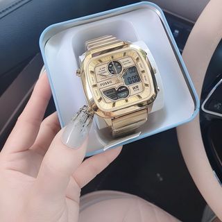 ĐỒNG HỒ NAM CAO CẤP POSSIL DÂY THÉP VÀNG MẶT VUÔNG HAI HIỂN THỊ FULLBOX