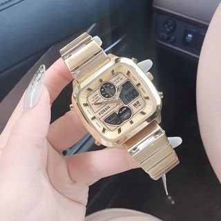 ĐỒNG HỒ NAM CAO CẤP POSSIL DÂY THÉP VÀNG MẶT VUÔNG HAI HIỂN THỊ FULLBOX