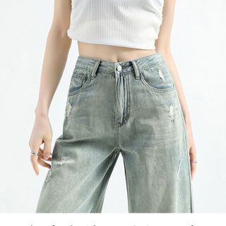 Quần jeans lững rách phong cách retro dành cho nữ, kiểu dáng mới 2025, quần ống rộng cạp cao, dáng rộng dành cho nữ