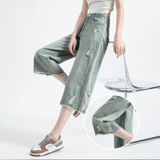 Quần jeans lững rách phong cách retro dành cho nữ, kiểu dáng mới 2025, quần ống rộng cạp cao, dáng rộng dành cho nữ