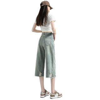 Quần jeans lững rách phong cách retro dành cho nữ, kiểu dáng mới 2025, quần ống rộng cạp cao, dáng rộng dành cho nữ