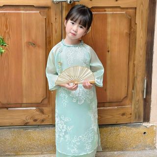Áo dài bé gái mẫu liên ngư hoa sen