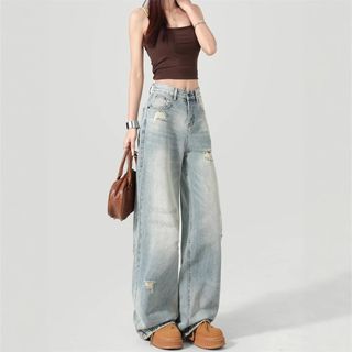 Quần jeans ống rộng rách phong cách Mỹ dành cho nữ, chất vải thoáng mát, kiểu dáng xuông cạp cao dễ phối đồ