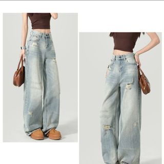Quần jeans ống rộng rách phong cách Mỹ dành cho nữ, chất vải thoáng mát, kiểu dáng xuông cạp cao dễ phối đồ