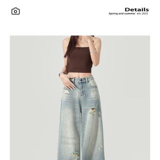 Quần jeans ống rộng rách phong cách Mỹ dành cho nữ, chất vải thoáng mát, kiểu dáng xuông cạp cao dễ phối đồ