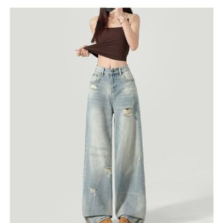 Quần jeans ống rộng rách phong cách Mỹ dành cho nữ, chất vải thoáng mát, kiểu dáng xuông cạp cao dễ phối đồ