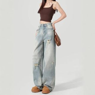 Quần jeans ống rộng rách phong cách Mỹ dành cho nữ, chất vải thoáng mát, kiểu dáng xuông cạp cao dễ phối đồ