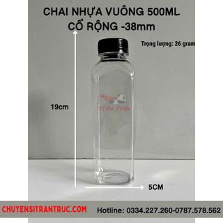 Chai nhựa vuông 500ml miệng rộng có ren 38mm