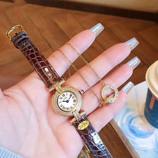SET ĐỒNG HỒ NỮ SIÊU CẤP CATIOR DÂY DA MẶT VIỀN ĐÁ MINI TẶNG KÈM DÂY CHUYỀN