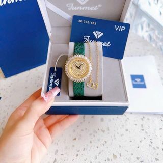 SET ĐỒNG HỒ NỮ CHÍNH HÃNG FUNMEI F2077 MẶT PHA LÊ VÀNG FULLBOX TEM KÈM DÂY CHUYỀN