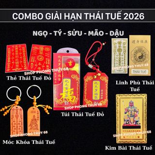 Combo Thái Tuế 2026 Gồm : Túi Thái Tuế - Kim Bài Thái Tuế - Linh Phù Thái Tuế - Thẻ Thái Tuế Đỏ - Móc khóa Thái Tuế